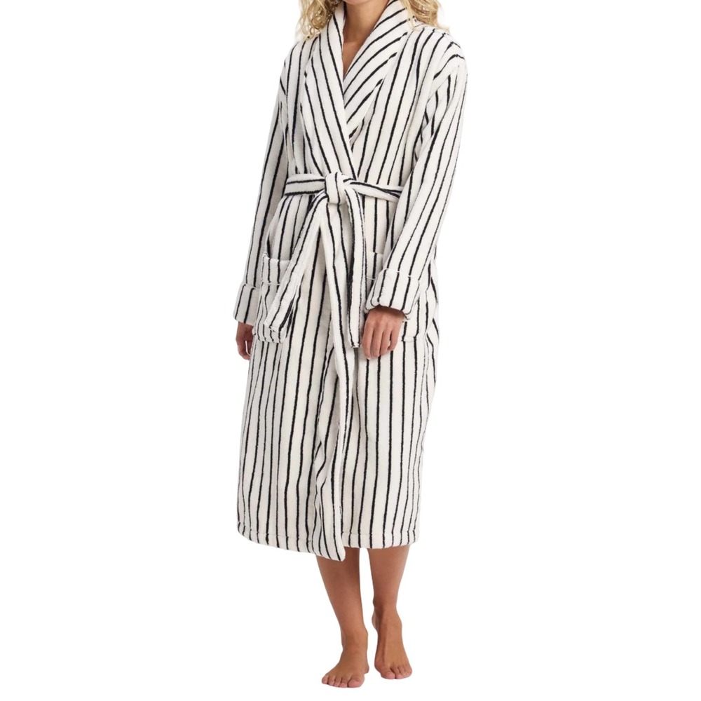 Cozy Earth Terry Bathrobe Womens XS White Black Excellent Striped Bamboo Cotton